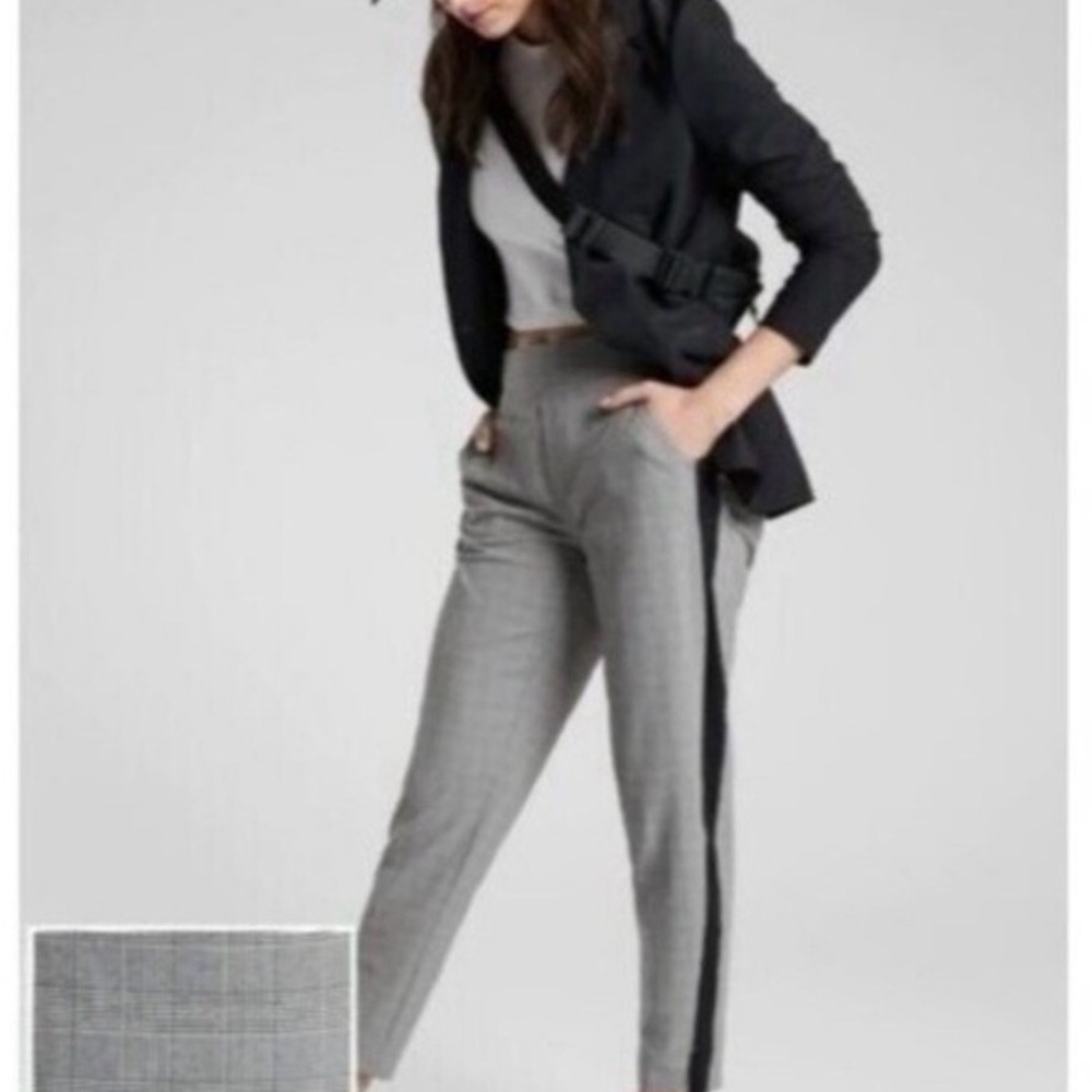 Athleta Brooklyn Ankle Pant 2 Grey Black Glen Plaid Black Side Stripe